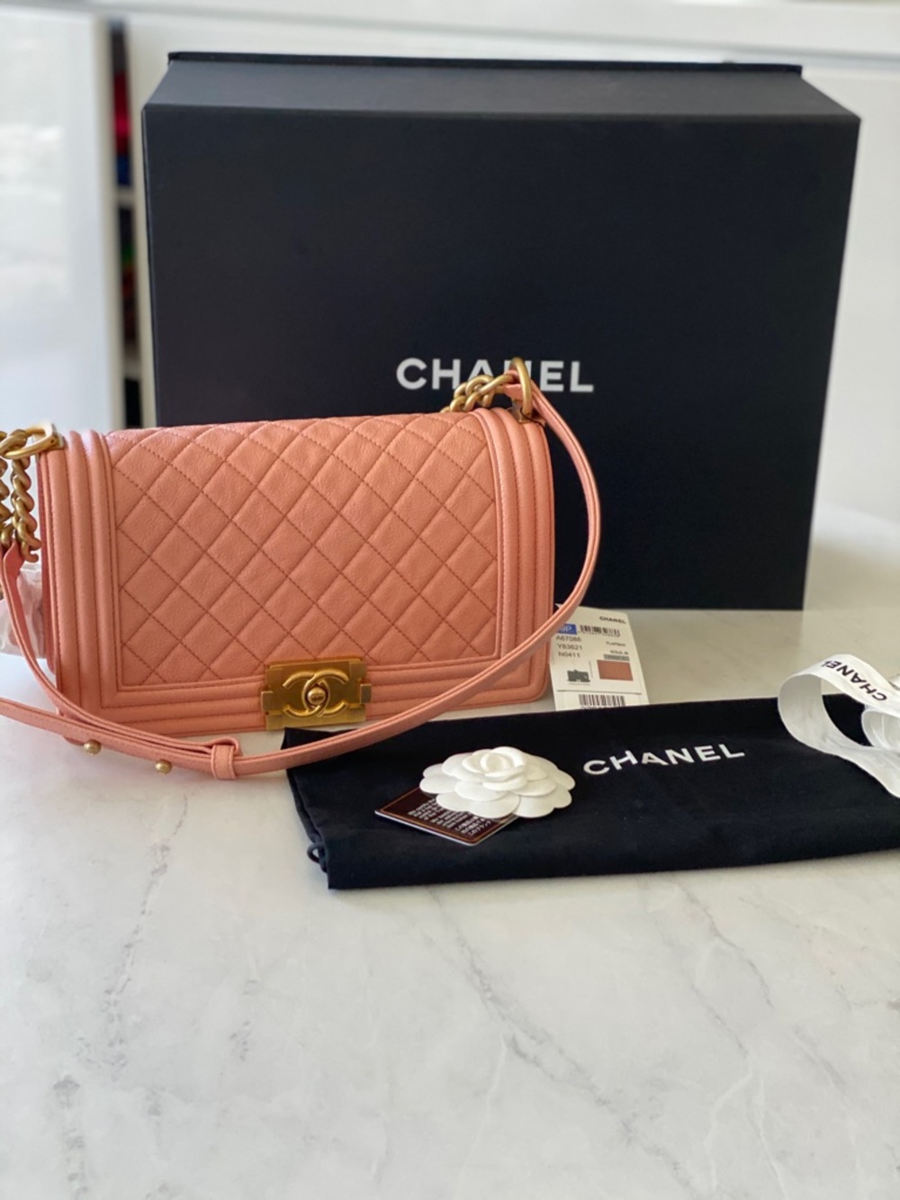 New CHANEL Boy New Medium Shoulder Bag in Coral Pink with Gold Hardware